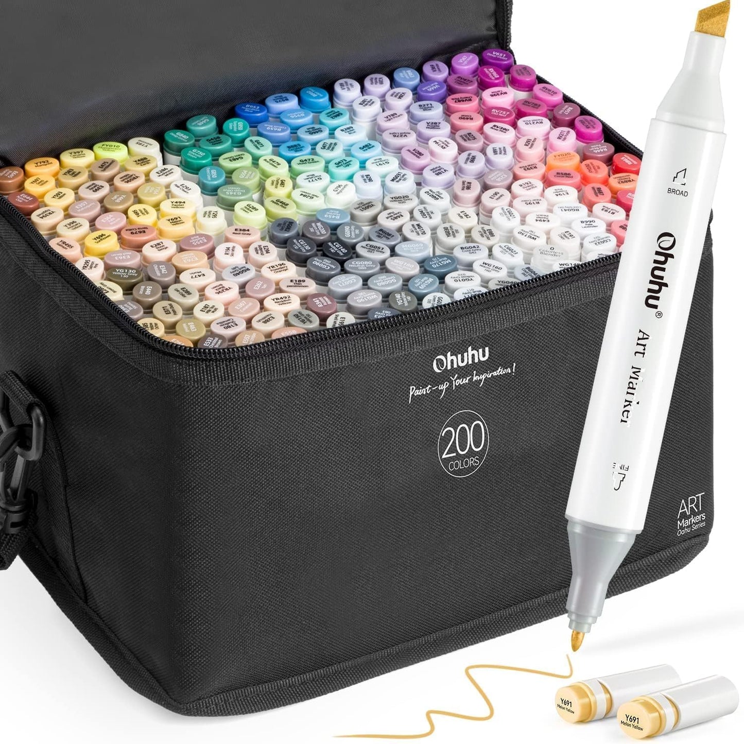 Kit: Ohuhu Oahu 200 Colors Markers + Branded Case + 6pc white gel pens